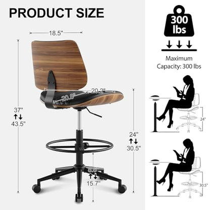 Drafting Chair with Adjustable Footrest, Rolling Walnut Stool, Black | Armless Tall Swivel Stool for Standing Desk, PU Leather Curved Bentwood, Rolling for Office & Art Studio, 300LBS Capacity - color: Black