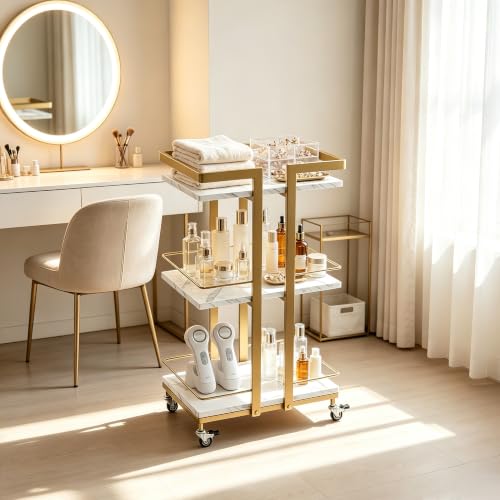 BarberPub Salon Trolley Cart on Wheels, 3-Tier Metal Utility Cart 2033 - color: White