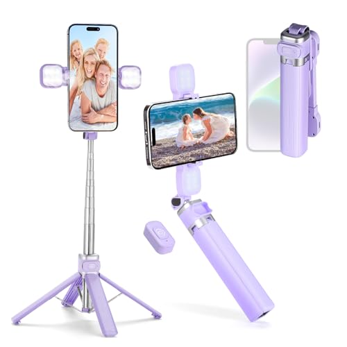 MQOUNY Mini iPhone Tripod Stand & Selfie Stick with Wireless Remote & Removable Light, Extendable Stand 360 Rotation Compatible with iPhone & Android Samsung (Purple) - color: Purple