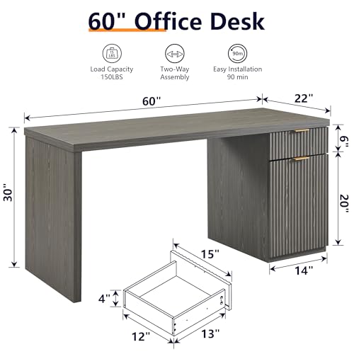 60" Modern Executive Desk with Storage, Wood Home Office Desk with Drawer & Cabinet, Fluted Computer Writing Desk for Study, Living Room, Bedroom, Grayish Green - color: Grayish Green, size: 22"D x 60"W x 30H"