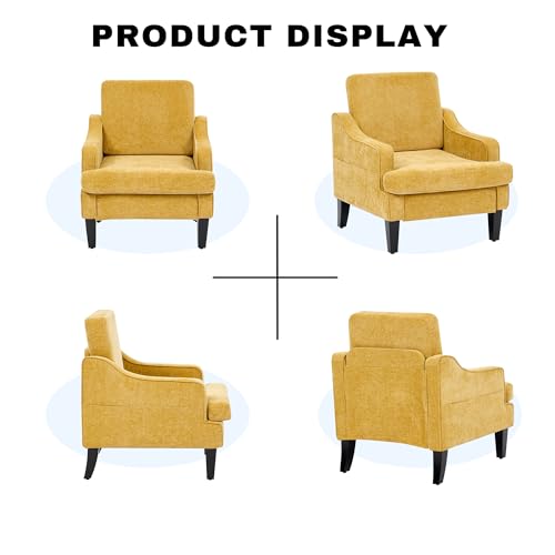 Accent Chair for Living Room,Mid-Century Arm Chair Chenille Fabric Living Room Chairs,Upholstered Reading Chair for Bedroom,Single Sofa Chair with Wood Legs for Apartment (Yellow) - color: Yellow