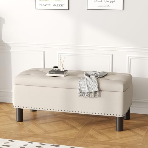 Large Storage Ottoman, Beige, Wood Frame, Linen Fabric, 285 Lbs Capacity - color: Beige