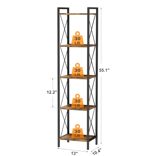 Homhedy 5 Tier Small Bookshelf, Tall Narrow Bookcase, Metal Book Shelf | Industrial Style for Small Spaces, Home, Office, Living Room, Kitchen, Bedroom , 10.4" D x 13" W x 55.1" H, Rustic Brown - color: Rustic Brown, size: 10.4"D x 13"W x 55.1"H