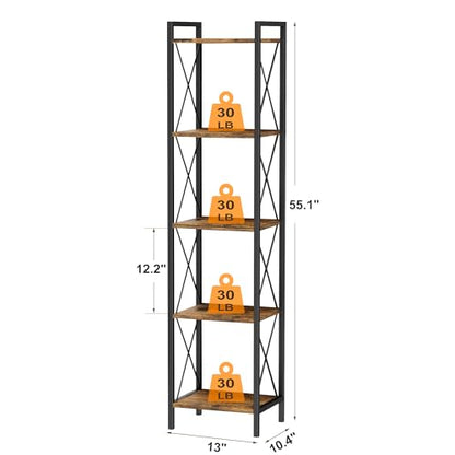 Homhedy 5 Tier Small Bookshelf, Tall Narrow Bookcase, Metal Book Shelf | Industrial Style for Small Spaces, Home, Office, Living Room, Kitchen, Bedroom , 10.4" D x 13" W x 55.1" H, Rustic Brown - color: Rustic Brown, size: 10.4"D x 13"W x 55.1"H