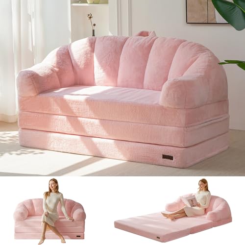 MAXYOYO Folding Sofa Bed, 2 in 1 Convertible Sofa to Lounger | Comfy Loveseat Bean Bag Chair for Adults, Floor Couch with Handle, Faux Fur Couch Bed for Living Room Bedroom, Pink - color: Pink, size: Loveseat