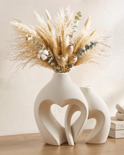 White Ceramic Flower Vase Home Table Decor Heart Shaped Vase Set of 2 | Boho Heart Shaped Minimalist Decorative Vases for coffee Table Centerpiece Wedding Dining Living Room Office House Decoration - color: Pearl White