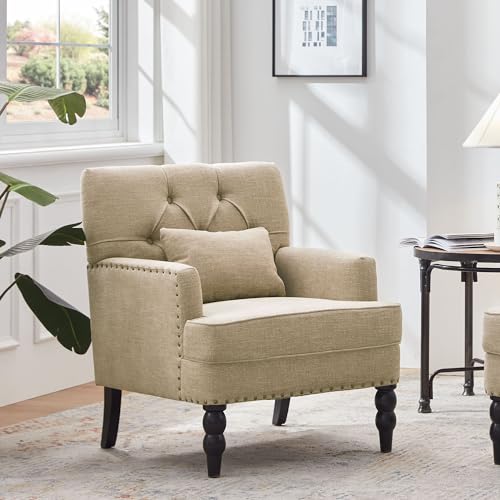 HUIMO Accent Chair, Tufted Upholstered Club Chair, Brown | Tufted upholstered club chair with lumbar pillow and solid wood legs. Suitable for living rooms, bedrooms, and reading nooks. - color: Light Brown
