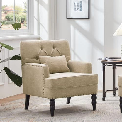 HUIMO Accent Chair, Tufted Upholstered Club Chair, Brown | Tufted upholstered club chair with lumbar pillow and solid wood legs. Suitable for living rooms, bedrooms, and reading nooks. - color: Light Brown