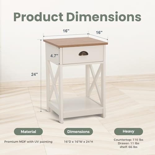 PHI VILLA End Table Living Room Set of 2, White Bedside Table with Drawers | Wood Side Table with Drawer, Farmhouse Bed Side Tables Living Room, Rustic Nightstand for Bedroom, Small Couch Table - color: Ivory 1