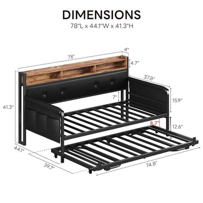 LIKIMIO Daybed with Trundle, Twin Bed Frame, Dark Black | with Upholstered Headboard and Charging Station, Sofa Day Bed with Strong Supports for Living Room, Bedroom and Guest Room - color: Dark Black