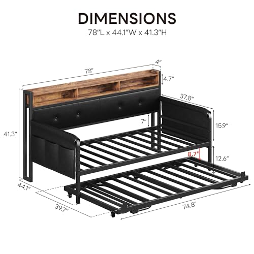 LIKIMIO Daybed with Trundle, Twin Bed Frame, Dark Black | with Upholstered Headboard and Charging Station, Sofa Day Bed with Strong Supports for Living Room, Bedroom and Guest Room - color: Dark Black