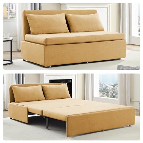 BALUS 43" W Queen Size Sleeper Couch Bed Pull Out Sofa with Pullout Beds, 2 in 1 Convertible Linen Single Sleepers Sofas Chair with Foldable Mattress and Pillows for Small Space Apartment, Yellow - color: Yellow, size: Queen