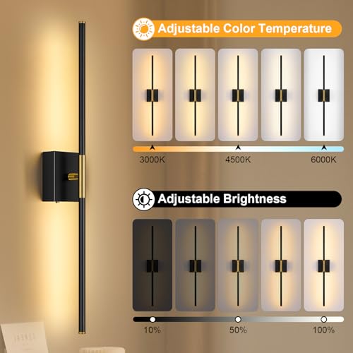 Wall Sconces Set of Two with Remote Control 29.1 in Dimmable Black Gold Battery Operated Wall Lights 350° Ratation 3000K-6000K LED Wireless Rechargeable Sconce for Bathroom Living Room Bedroom - color: Black & Gold, size: 29.1in(2 Pack)