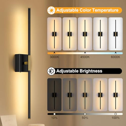 Wall Sconces Set of Two with Remote Control 29.1 in Dimmable Black Gold Battery Operated Wall Lights 350° Ratation 3000K-6000K LED Wireless Rechargeable Sconce for Bathroom Living Room Bedroom - color: Black & Gold, size: 29.1in(2 Pack)