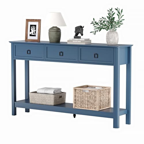 Treocho 53.1" Console Table with 3 Drawers, Sofa Table Behind Couch, 2 Tier | Long Entryway Table with Storage, Modern, For Hallway, Living Room, Blue - color: Blue
