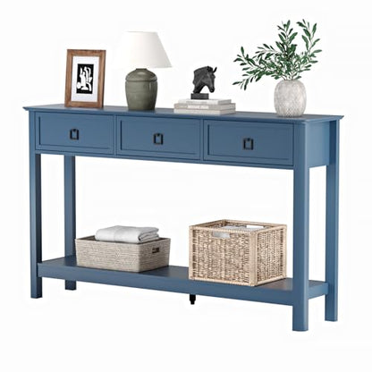 Treocho 53.1" Console Table with 3 Drawers, Sofa Table Behind Couch, 2 Tier | Long Entryway Table with Storage, Modern, For Hallway, Living Room, Blue - color: Blue