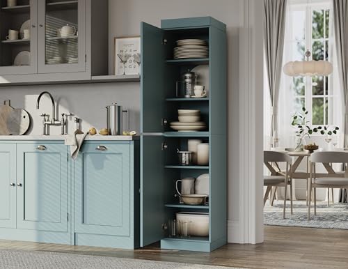 Solid Wood Kitchen Pantry - Narrow Storage Cabinet - Shaker Doors, Adjustable Shelves, Aqua, 16.5" Wide x 71.5" Tall, 100% Eco-Friendly Wood, Modular Pantry Cabinet Systems - color: Aqua, style: Shaker Doors