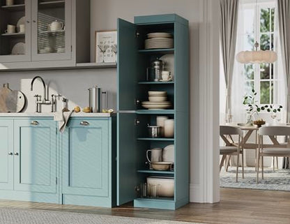Solid Wood Kitchen Pantry - Narrow Storage Cabinet - Shaker Doors, Adjustable Shelves, Aqua, 16.5" Wide x 71.5" Tall, 100% Eco-Friendly Wood, Modular Pantry Cabinet Systems - color: Aqua, style: Shaker Doors
