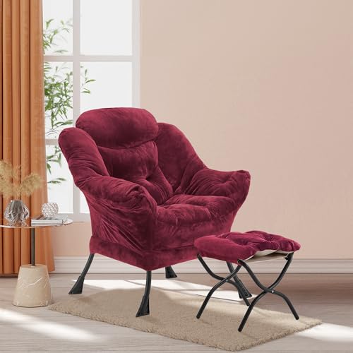 Youtanic Lazy Chair with Folding Ottoman, Accent Chair Plush Upholstered with Metal Structure and Non-Slip Pads, Sofa Armchair with Footrest and Side Storage Bag for Dorm, Room, Office, Rose Red - color: Plush Rose Red