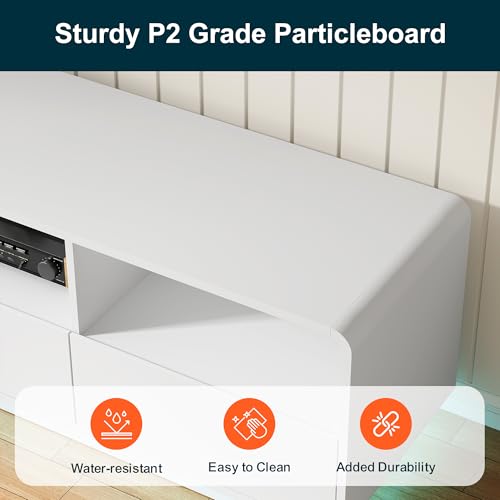 RoyalCraft TV Stand for TVs Up to 65", Modern White Entertainment Center with 3 Storage Drawers and LED Lights, Curved Wood Media TV Console for Living Room, Bedroom - color: White