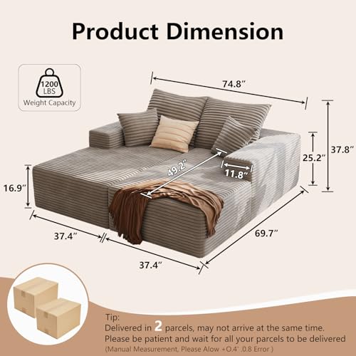 Oversized Double Chaise Lounges Indoor - 74.8" Upholstered Boneless Cloud Stupendous Oversized Chaise Lounge Couch Luxury Sofa Bed Deep Seat - Plush Corduroy Lounge Chair,2 Pieces,Camel - color: Camel