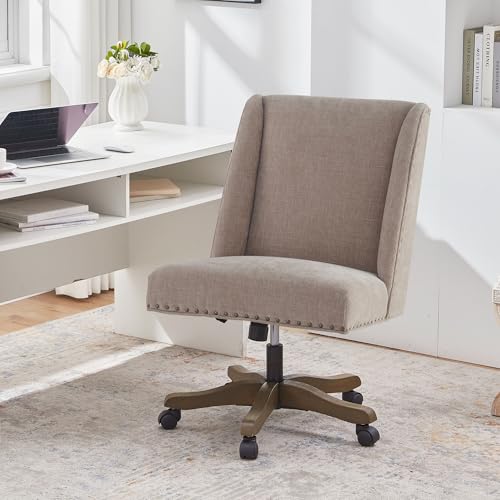 Upholstered Armless Office Chair Fabric Swivel Home Desk Chair with Wheels | Modern Comfy Boho Office Chair with Wooden Legs Adjustable Desk Chair no Arms for Sewing Women Farmhouse Study Studio Brown - color: Brown