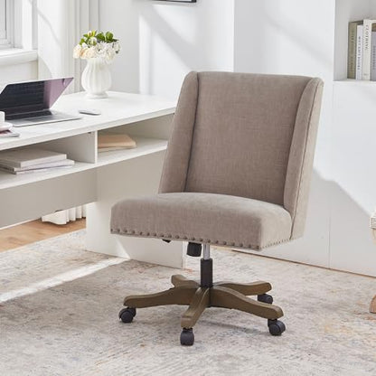 Upholstered Armless Office Chair Fabric Swivel Home Desk Chair with Wheels | Modern Comfy Boho Office Chair with Wooden Legs Adjustable Desk Chair no Arms for Sewing Women Farmhouse Study Studio Brown - color: Brown