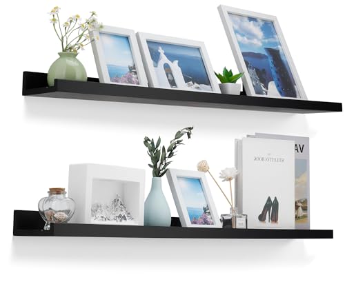 MBYD 36 Inch Floating Shelves Black, Wooden Picture Ledge Photo Shelf for Wall with Lip Set of 2, Wall Mount Display Nursery Shelf for Books, Vinyl Records, Bedroom Living Room Bathroom Kitchen Decor - color: Black, size: Set of 2 36in