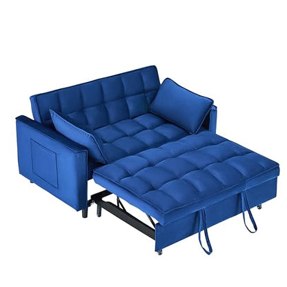 55" Pull Out Sleeper Sofa, Velvet Loveseat with Side Pockets, Blue | Velvet upholstery, 5-level adjustable back, Pull-out bed design, Sturdy frame with side pockets - color: Blue
