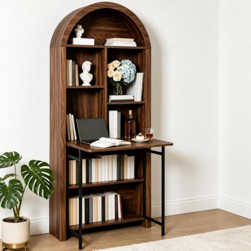 Folding Secretary Desk 71 Inch with Arched Bookcase Storage | Fold-down work surface, arched display shelves, cable pass-through, anti-tip hardware, and 9.45-inch closed depth