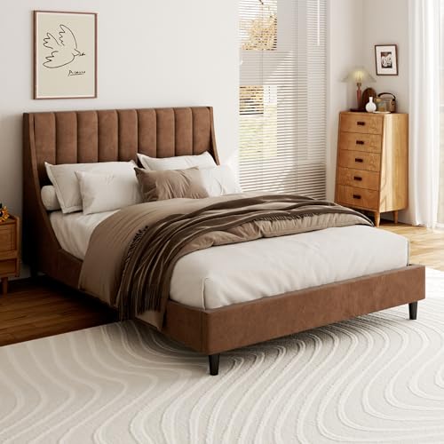 Full Bed Frame with Headboard Velvet Platform Bed Channel Wingback | Full Size Upholstered Platform Bed Wood Slats, Noise Free, No Box Spring Needed, Easy Assembly, Mattress Foundation, Brown - color: Brown, size: Full