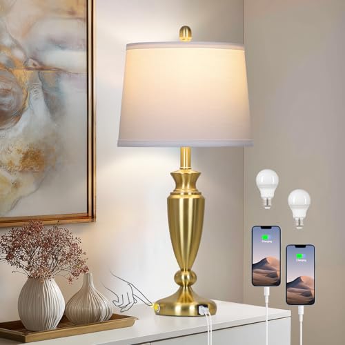 Rinweey 27" Gold Table Lamp Single, Touch Control Modern Bedroom Lamp with USB A+C Ports, 3-Way Metal Bedside Lamp, Elegant Brass Table Lamp for Night Stand Desk Side Table Office (Bulb Inclued) - color: Gold-27"H-1PK
