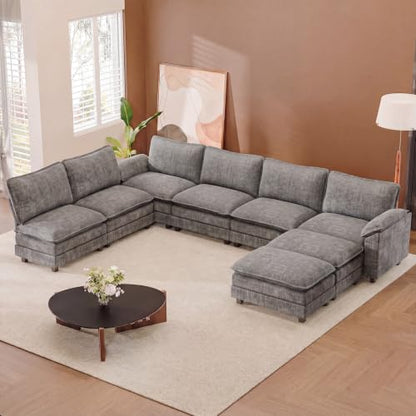 JUMMICO 232" Oversized Sectional Couch, Modular Cloud Sofa, Light Grey | Comfy Chenille, 2 Movable Ottoman, Deep Seat, Double Layer Cushion, 6 Seat, High-Density Foam, for Living Room - color: Light Grey, size: Oversized Sofa