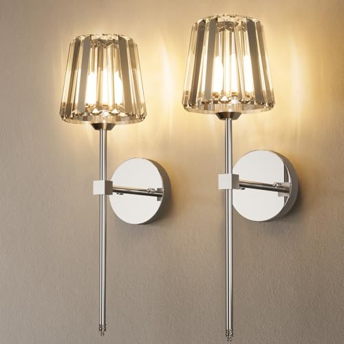 Crystal Battery Operated Wall Sconces Set of 2, Chrome Rechargeable Wireless Wall Lights with Crystal Lampshade, 12 RGB and 3CCT Dimmable Wall Lamps with Remote for Bedroom Living Room Hallway - color: Chrome