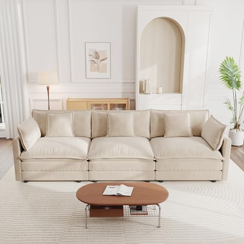 Aoowow Modular Sectional Sofa,112.2 Inch Deep 3-Seater Sofas Comfy Chenille Cloud Sofas and Couches with Pillows for Living Room Apartment（Light Coffee） - color: Light Coffee, size: 3 Seat