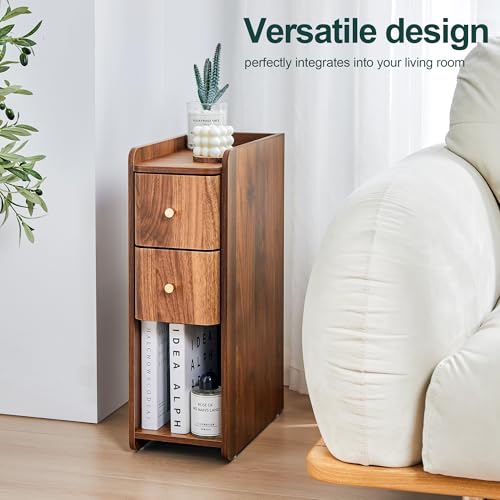 Narrow Nightstand Set of 2, Wooden Small 2 Drawer Nightstand, Slim Side End Table, Skinny Bedside Table, Mid Century Modern Night Stand with Drawers for Bedroom (Walnut-2 pcs) - color: Walnut-2 Pcs