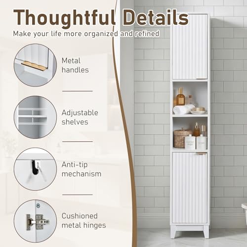 VINGLI White Fluted Tall Narrow Bathroom Cabinet, 67" Slim Freestanding Storage Cabinet for Small Spaces, Wood Linen Tower Floor Cabinet with 2 Doors, Open Shelves & Soft-Close Hinges