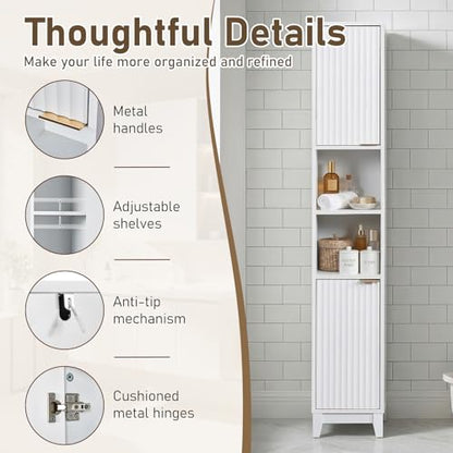 VINGLI White Fluted Tall Narrow Bathroom Cabinet, 67" Slim Freestanding Storage Cabinet for Small Spaces, Wood Linen Tower Floor Cabinet with 2 Doors, Open Shelves & Soft-Close Hinges