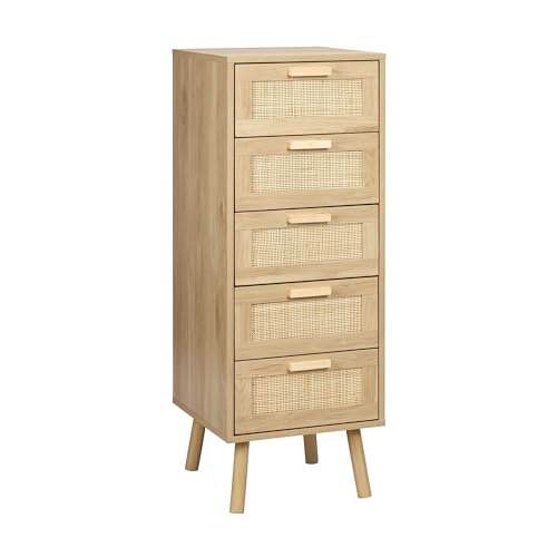 Finnhomy Rattan Dresser for Bedroom, Tall Dresser with 5 Hand Made Rattan Decorated Drawers, Small Chest of Drawers for Living Room, Closet, Hallway, Natural - size: 15.6"D x 15.7"W x 42.1"H (5 Drawers)