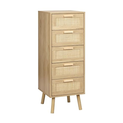 Finnhomy Rattan Dresser for Bedroom, Tall Dresser with 5 Hand Made Rattan Decorated Drawers, Small Chest of Drawers for Living Room, Closet, Hallway, Natural - size: 15.6"D x 15.7"W x 42.1"H (5 Drawers)