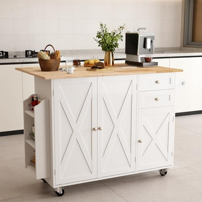 50.4" Kitchen Island with Drop Leaf & Power Outlet, Farmhouse Rolling Island Cart with 3 Spices Shelves on Wheels, Mobil Kitchen Island Table with Rubberwood Countertop Towel Rack, White - color: White, size: 3 Spice Shelves