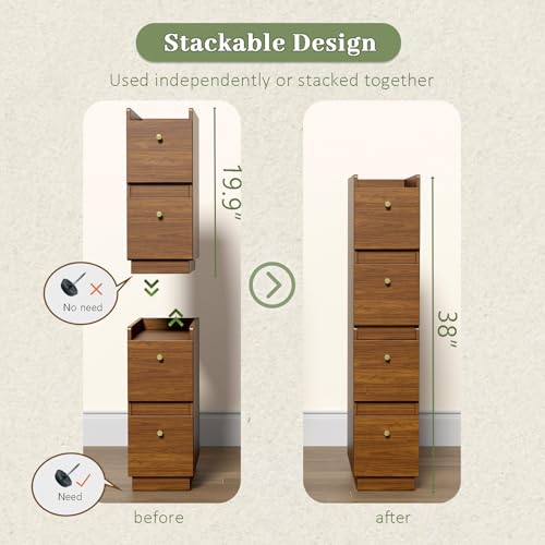 Narrow Night Stands, Modern Slim Nightstand Set of 2, Wooden Skinny Bedside Table 2 Drawers, Stackable Narrow Side Table with Drawers for Small Spaces, Bedroom, Living Room, Walnut Brown - color: Brown (2pcs)