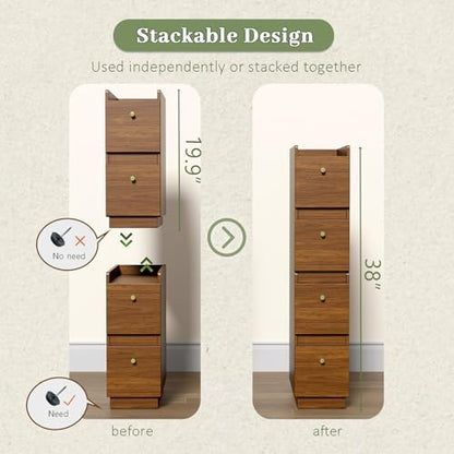 Narrow Night Stands, Modern Slim Nightstand Set of 2, Wooden Skinny Bedside Table 2 Drawers, Stackable Narrow Side Table with Drawers for Small Spaces, Bedroom, Living Room, Walnut Brown - color: Brown (2pcs)