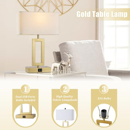 gernehop Gold Table Lamps Set of 2 with Dual USB Ports,3-Way Dimmable Touch Control Bedside Lamps,Modern Bedroom Table Lamp for Living Room,Nightstand LED Bulbs Included - color: 16Inch Whie&Gold