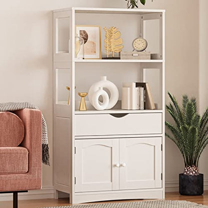 DICTAC Kitchen Pantry Storage Cabinets with Shelves,Drawer and Doors,Microwave Cart with Storage,Freestanding Floor Sideboard Cabinet with Microwave Space,Bookshelf,Display Unit for Home,White - size: 23.62x13x48.03inch