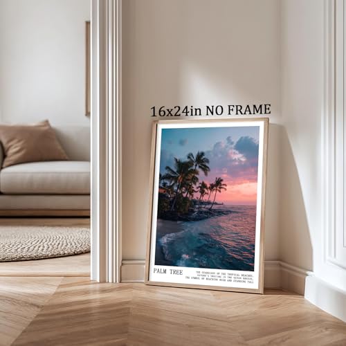 Pink Palm Tree Canvas Wall Art Coconut Tree Painting Tropical Plant Artwork Coastal Botanical Prints Pink Sky Poster Sunrise Sunset Picture Cute Preppy Summer Pictures for Home Room 16x24in Frameless - color: C5Unframed