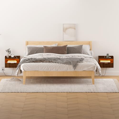 Veegle Floating Nightstand with Charging Station and LED Lights (Walnut Brown) - color: Walnut Brown