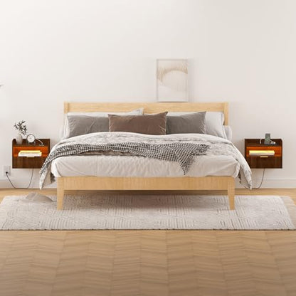 Veegle Floating Nightstand with Charging Station and LED Lights (Walnut Brown) - color: Walnut Brown