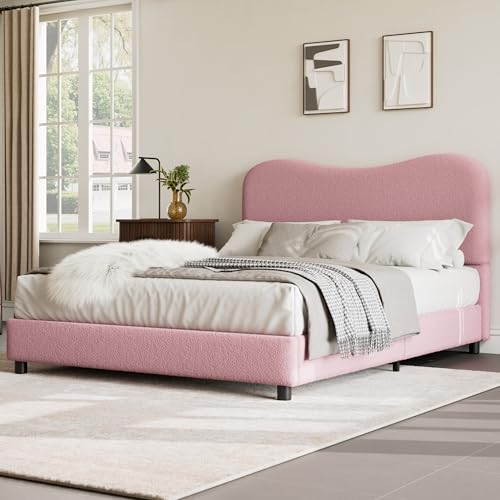 GarveeHome Queen Bed Frame with Boucle Fabric, Pink | Upholstered Headboard, Low Profile, Sturdy Platform Bed, Rounded Corners Design, Noise Free, No Box Spring Needed - color: Pink, size: Queen