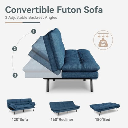 Futon Sofa Bed Convertible Couch, Blue Linen Sofa Bed | Adjustable Backrest & Armrests, Multifunctional Small Loveseat Sleeper Sofa for Living Room, Apartment, Office, Foam Couch - color: A3 | Blue